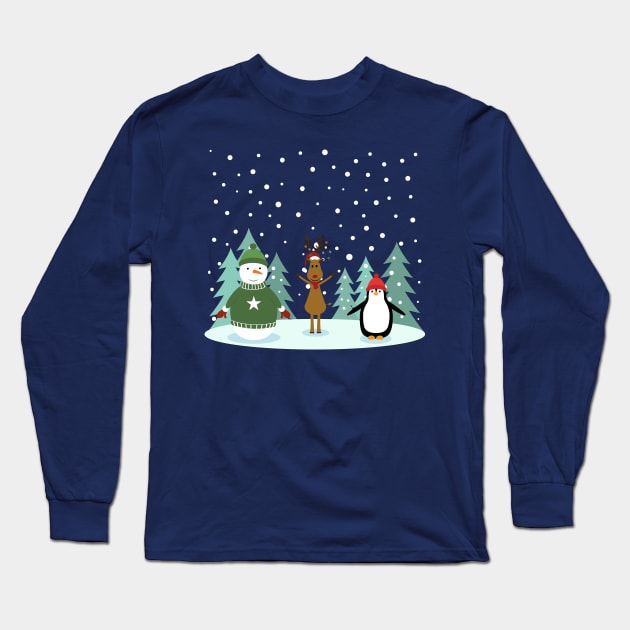 Christmas with snowman, reinder and penguin Long Sleeve T-Shirt by grafart